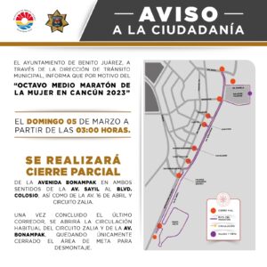 Avenidas de Cancún que tendrán cierres parciales por octavo medio maratón