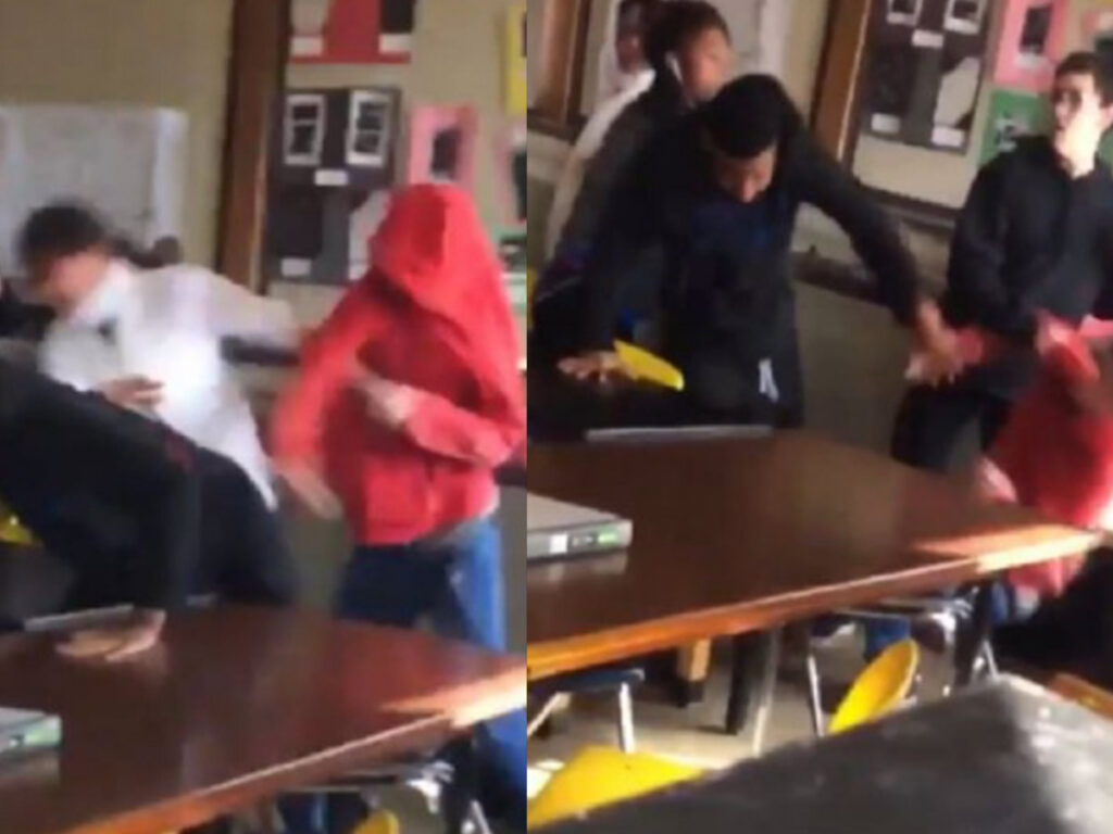 Maestra recibe golpe al intentar detener pelea entre estudiantes (VIDEO)