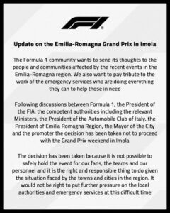 F1 suspende GP de Emilia Romagna en Imola debido a inundaciones