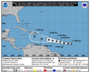 Trayectoria de tormenta tropical Bret