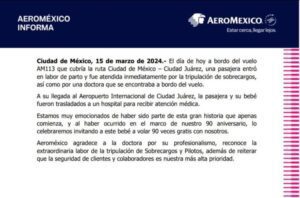 Bebé nace en vuelo de Aeroméxico y recibe 90 vuelos