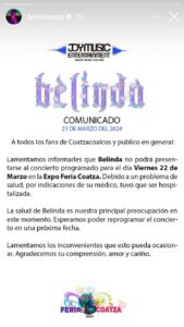 Belinda fue hospitalizada de emergencia y cancela concierto