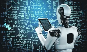 Imagen humanoide de robots con tablet para estudiar ciencias la ingenieria robot ciencia usando inteligencia artificial del cerebro 209947668