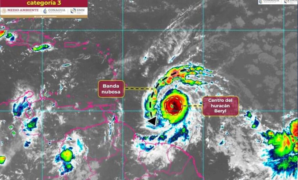 Huracán Beryl ya es categoría 3, trayectoria del fenómeno tropical