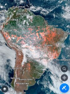 Mapa de incendios actuales en Sudamérica