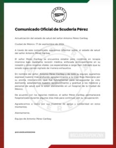 Comunicado oficial de la salud del papá de Checo Pérez