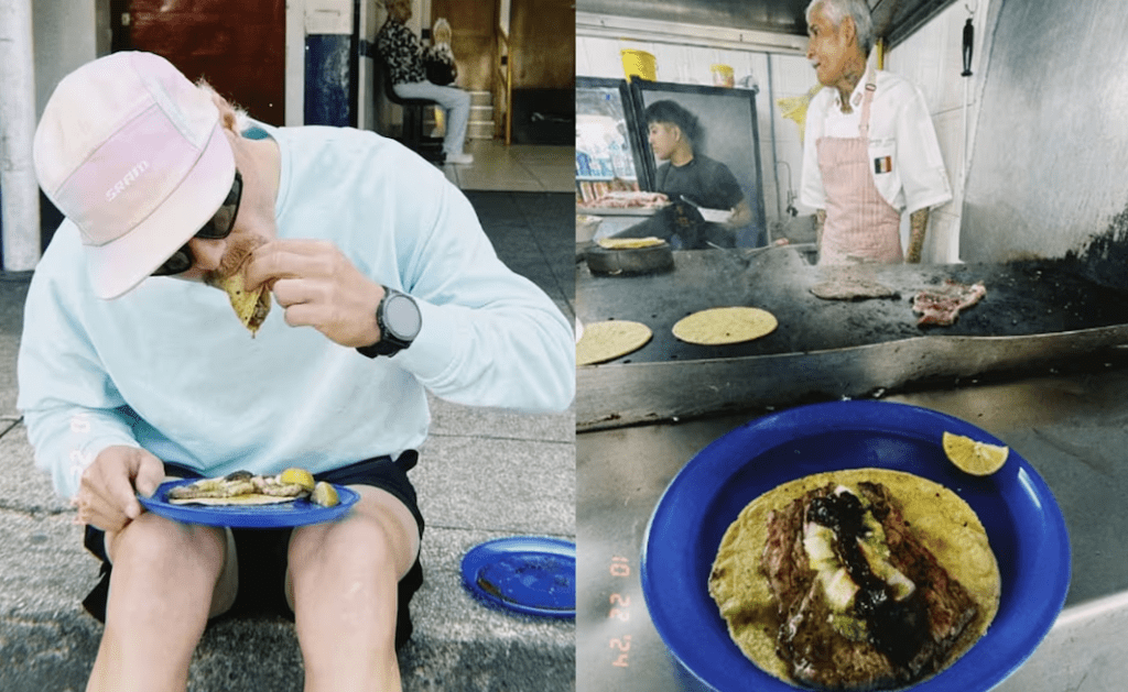 Valtteri Bottas se come unos tacos en la banqueta antes del GP de México