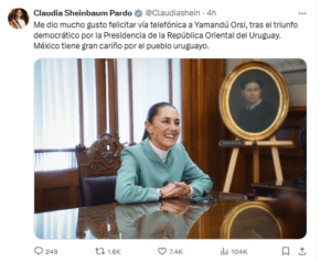 Claudia Sheinbaum celebra triunfo de Yamandú Orsi en Uruguay