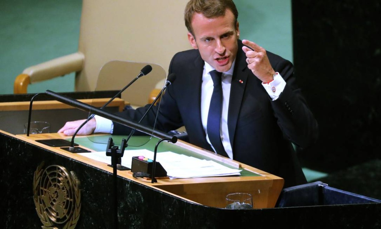 79034525 French President Emmanuel Macron addresses the 73rd session of the General Assembly at the