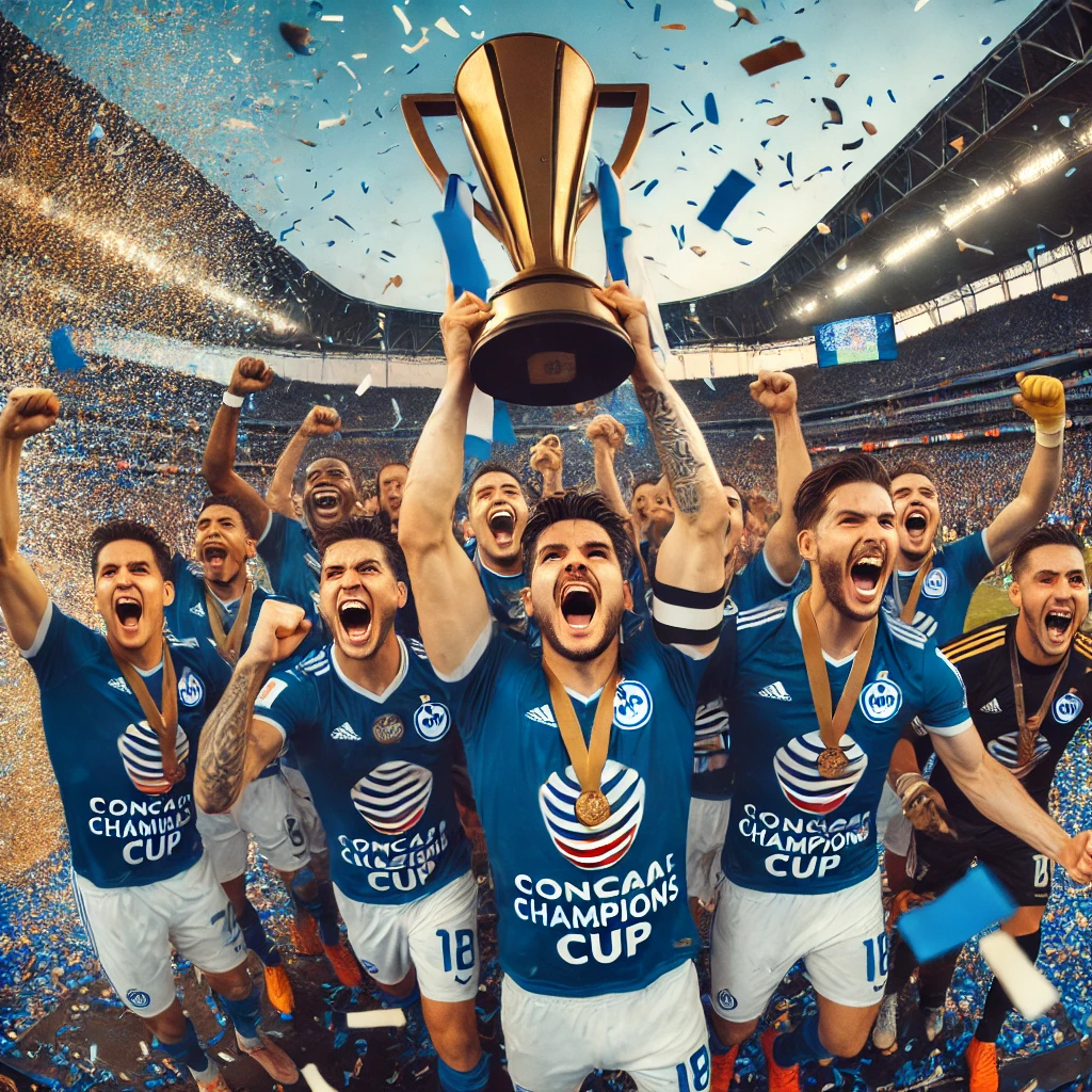 DALL·E 2025 02 05 07.07.05 Cruz Azul players celebrating their victory in the Concacaf Champions Cup. The team is lifting the trophy with joyful expressions confetti falling ar