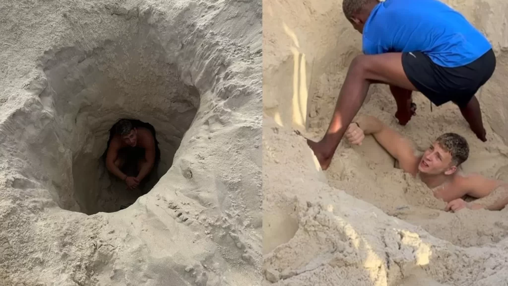 Turista cava buraco fica preso por 3 horas e precisa ser resgatado na praia