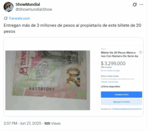 Ofrecen 3 millones de pesos por este billete de 20 pesos