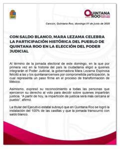 Saldo blanco en Quintana Roo tras elección del Poder Judicial