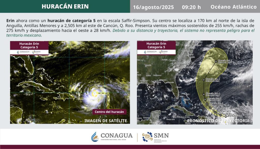 Erin evoluciona a huracán categoría 5 sin amenaza directa para México