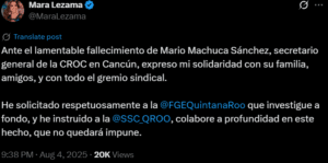 Asesinato de Mario Machuca “No quedará impune”: se pronuncia Mara Lezama