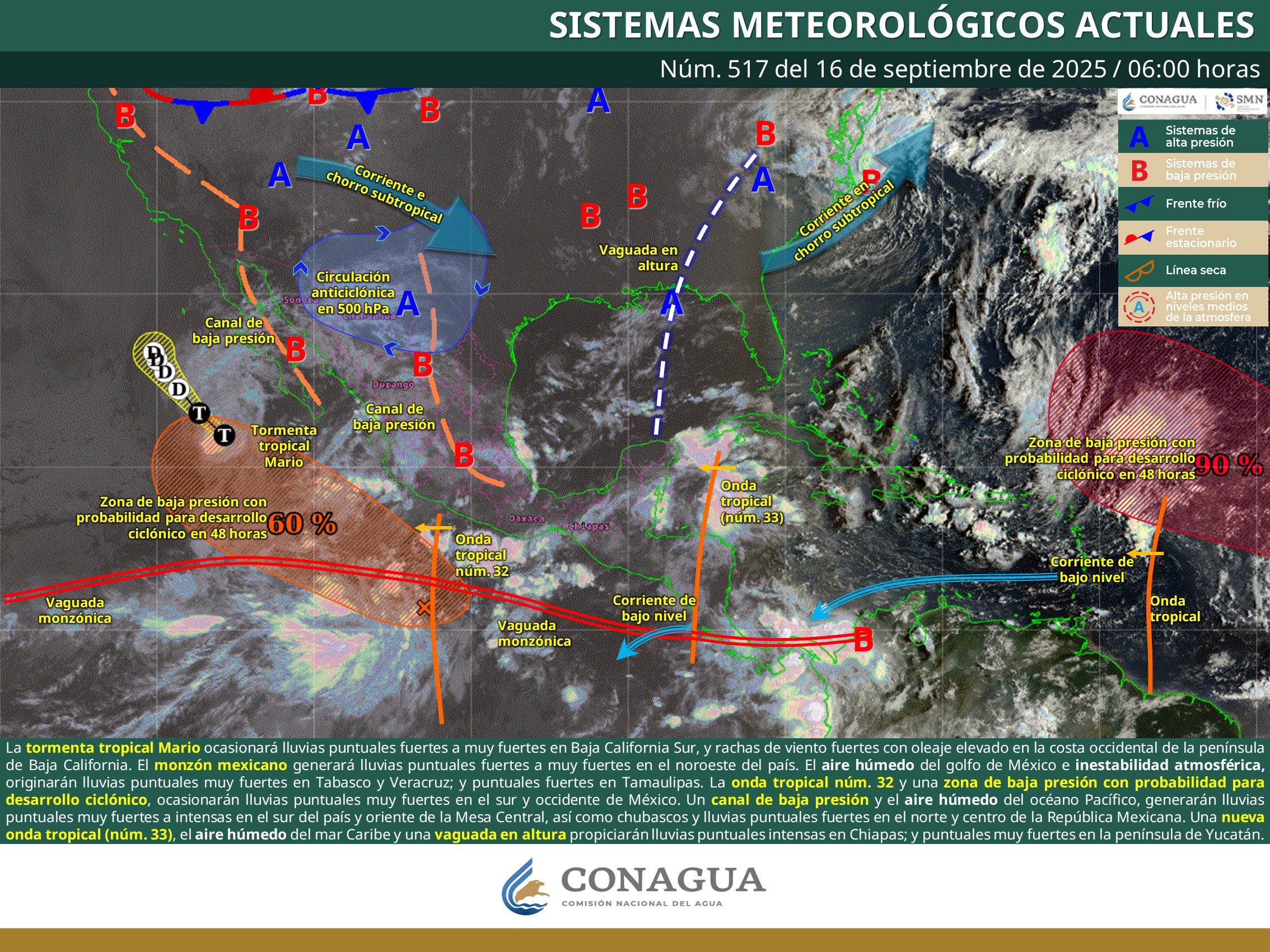Pronóstico de temperaturas máximas para hoy 16 de septiembre de 2025:

Temperaturas máximas de 40 a 45 °C: Baja California (noreste) y Sonora (noroeste).

Temperaturas máximas de 35 a 40 °C: Baja California Sur, Sinaloa, Nayarit, Jalisco, Colima, Michoacán, Guerrero, Oaxaca, Tabasco, Campeche y Yucatán.

Temperaturas máximas de 30 a 35 °C: Chihuahua, Coahuila, Nuevo León, Durango, Zacatecas (suroeste), San Luis Potosí (este), Tamaulipas, Veracruz, Chiapas, Morelos, y Quintana Roo.