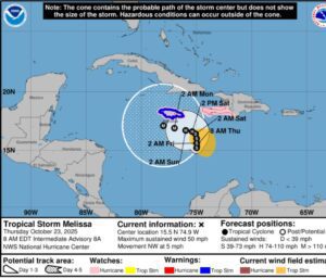 Tormenta Tropical Melissa avanza en el Caribe; evolucionaría a huracán categoría 4