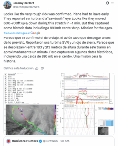 Avión queda atrapado en el ojo del huracán Melissa y pasa fuertes turbulencias