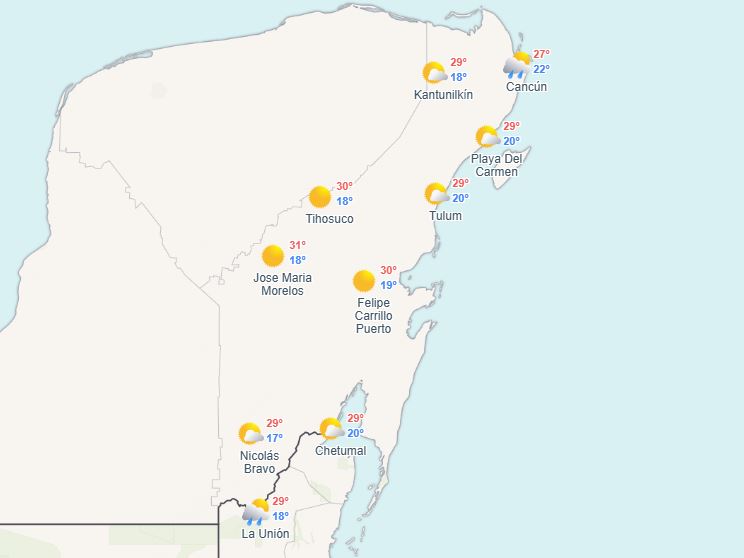 Clima en Cancún y Quintana Roo: Cielo nublado con chubascos