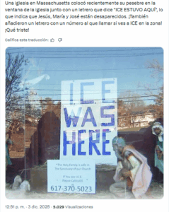 Iglesia usa nacimiento con cartel de protesta 